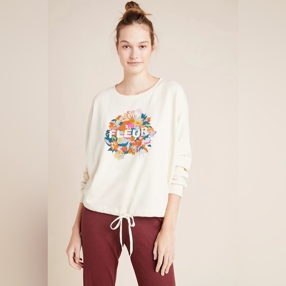 Anthropologie Saturday Sunday Fleur Tie-Waist Graphic Embroidered Sweatshirt